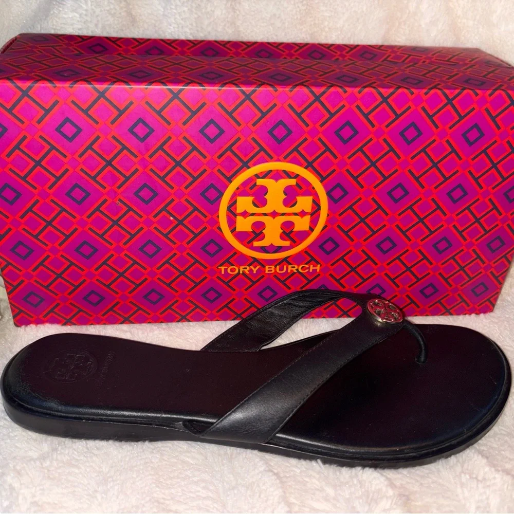 Tory Burch Black Leather Logo Thong Sandal size 10